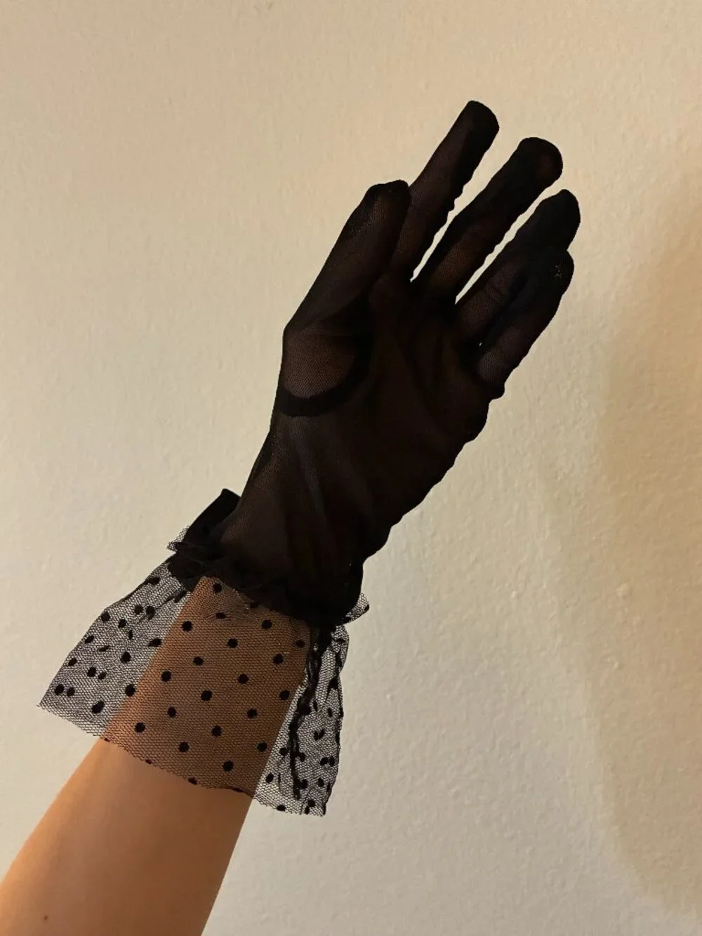 New Elegant Sheer Mesh Black Gloves With Lace Polka Dot and Bow Detail